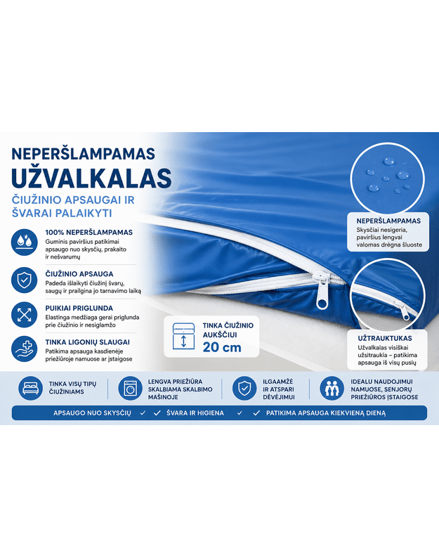 Neperšlampantis čiužinio užvalkalas su užtrauktuku, 20 cm aukščio čiužiniui