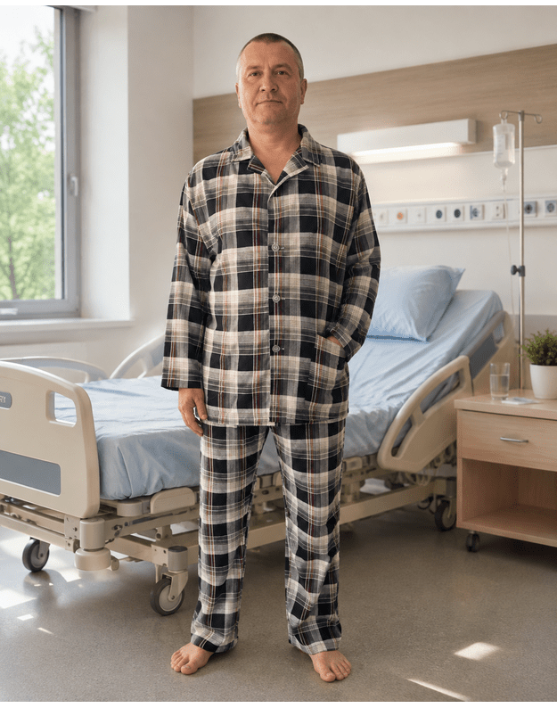 Šilta flanelinė pižama su sagomis (švarkas ir kelnės) – tinkama ligoninei ir slaugai